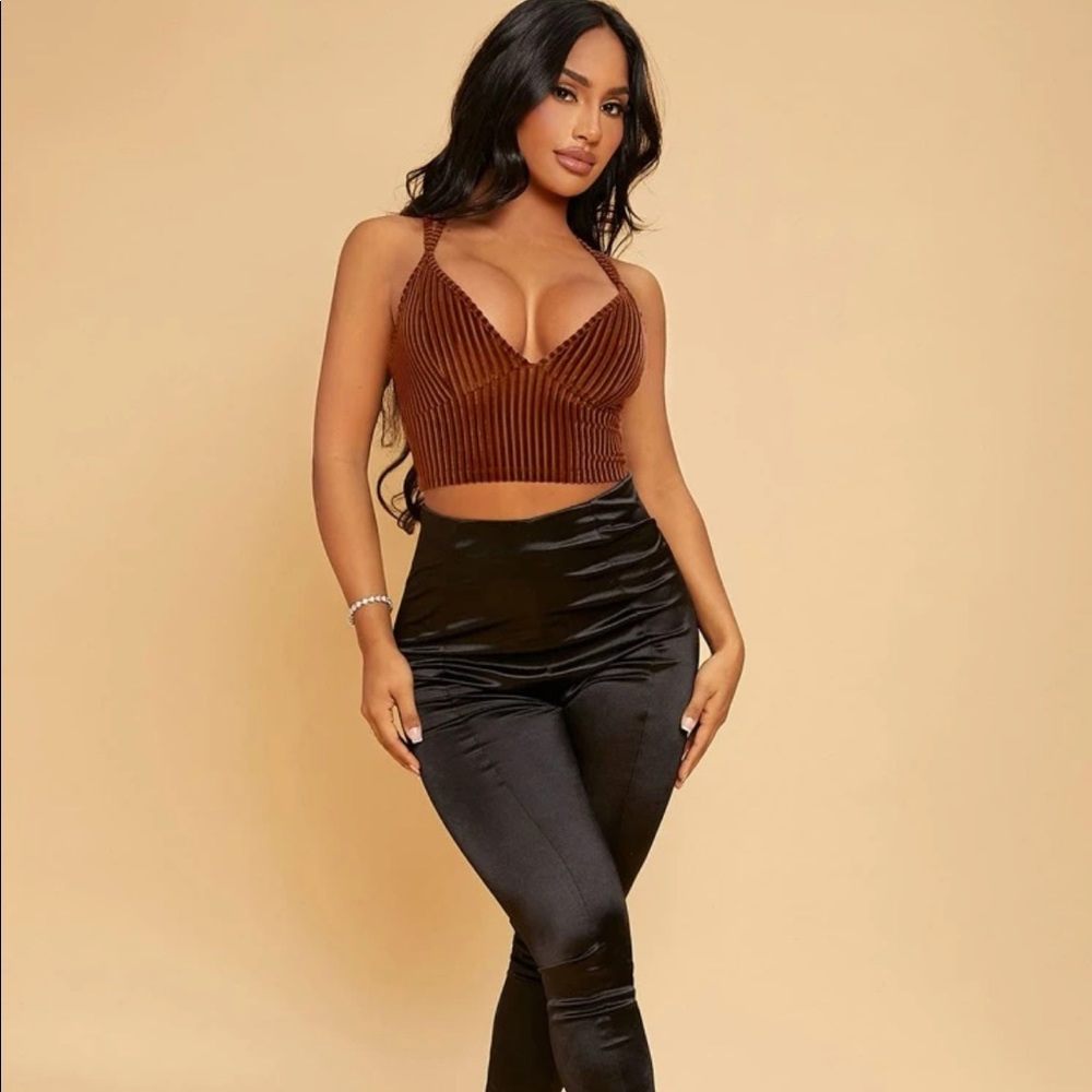 Criss Cross Rib-knit Velvet Cami Crop Top